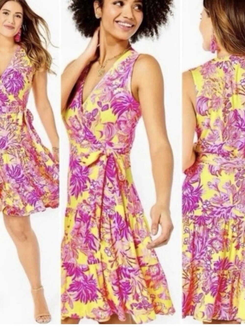 Lilly Pulitzer Folly Floral Wrap Dress Womens Large Yellow Pink Soft Knit Ruffle